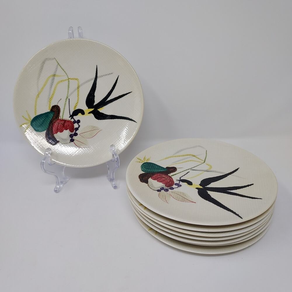 8 Red Wing Pottery Capistrano Swallow 6.5" Bread Appetizer Plates MCM Vintage
